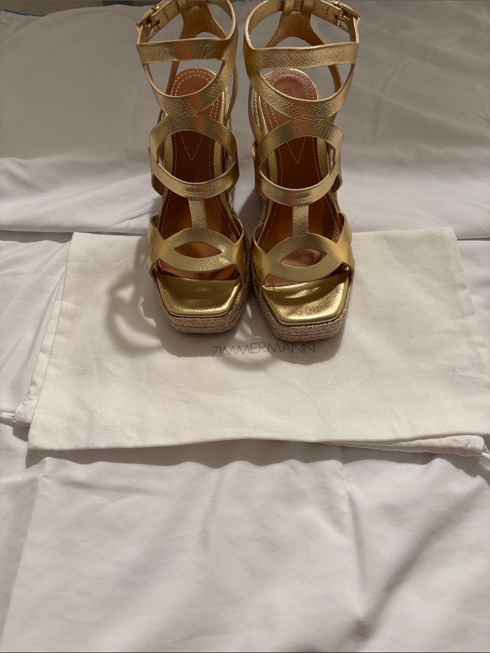 Zimmermann Metallic Gold Strappy Espadrille Wedge Sandals